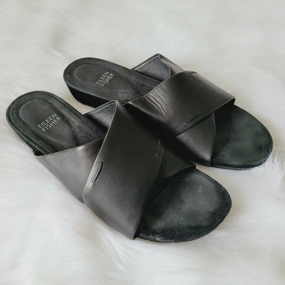 Eileen Fisher Shoes - Vintage Eileen Fisher Black Leather Slide Sandals Size 9 Non Slip Mature Women